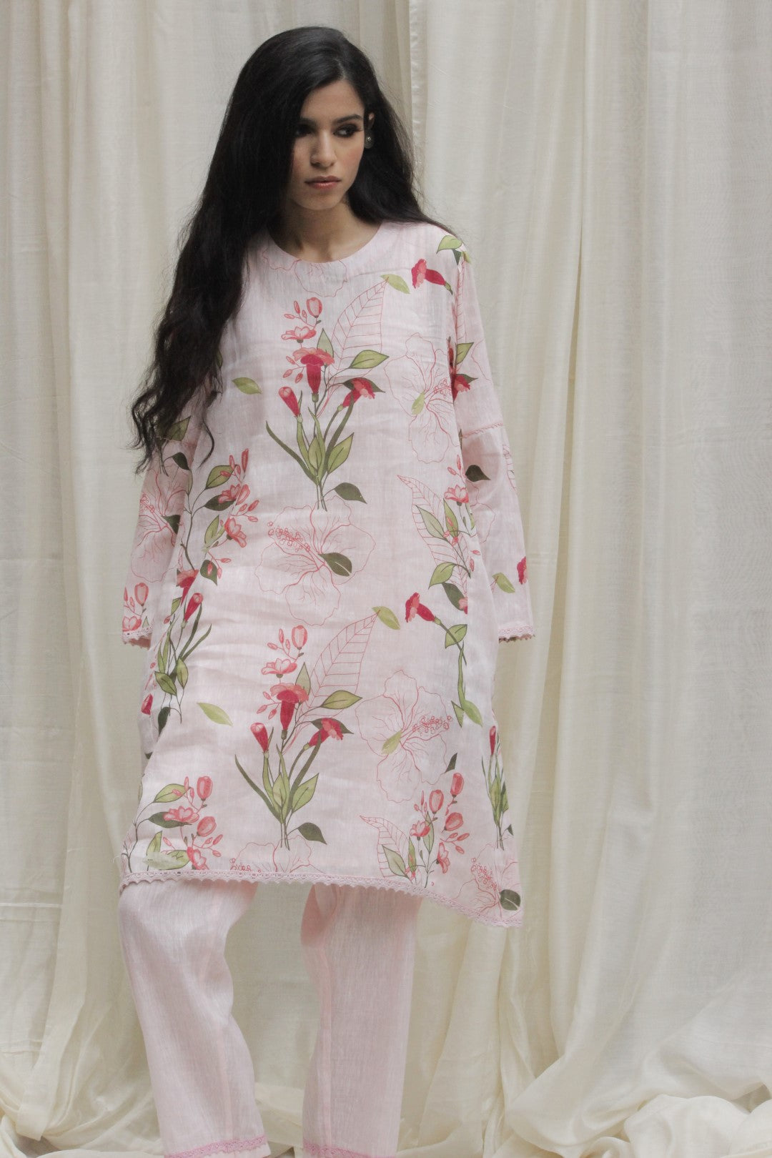 BABY PINK LINEN PRINTED TULIP SHORT TUNIC