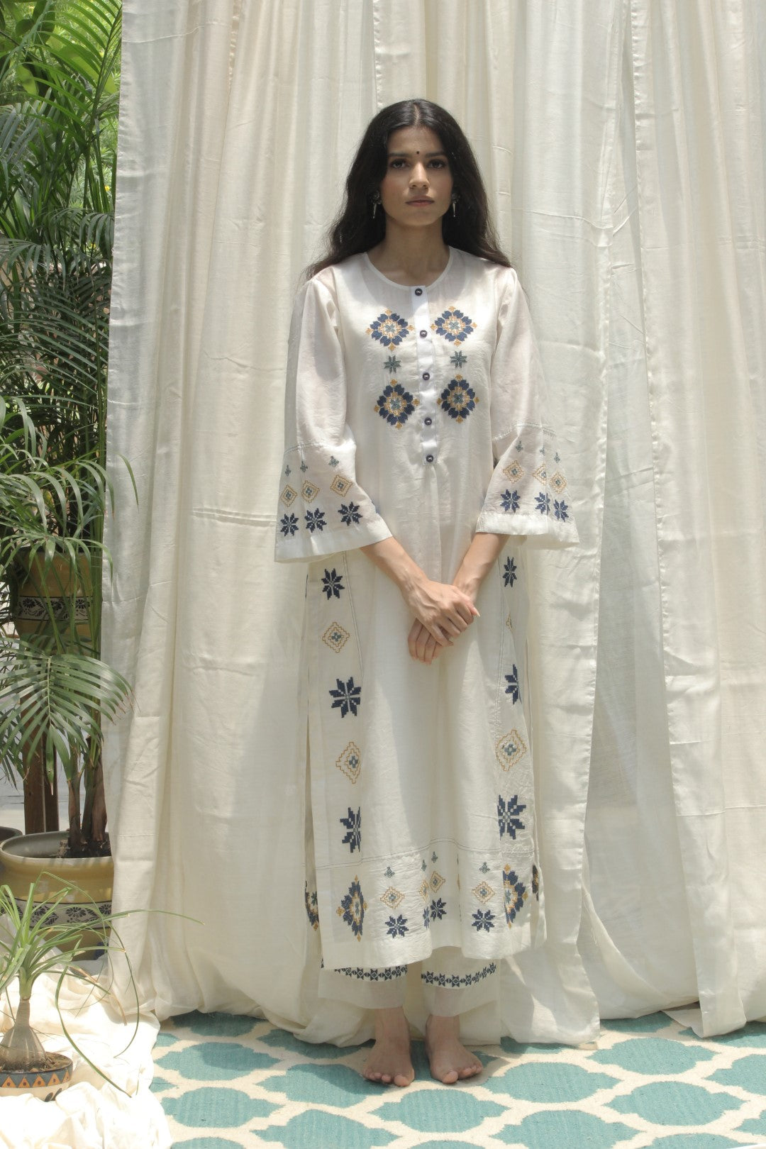 CREAM CHANDERI AZTEC EMBROIDERED KALI KURTA