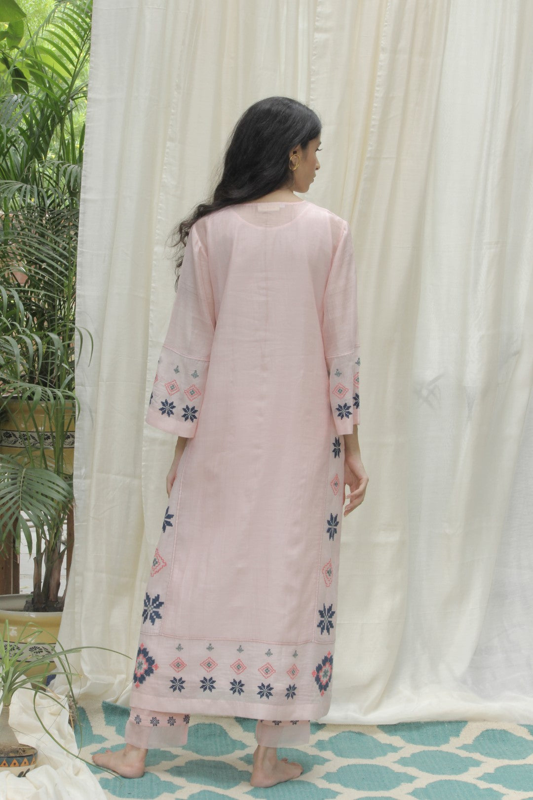 BABY PINK CHANDERI AZTEC EMBROIDERED KALI KURTA WITH EMBROIDERED DUPATTA AND PANTS. SET OF 3