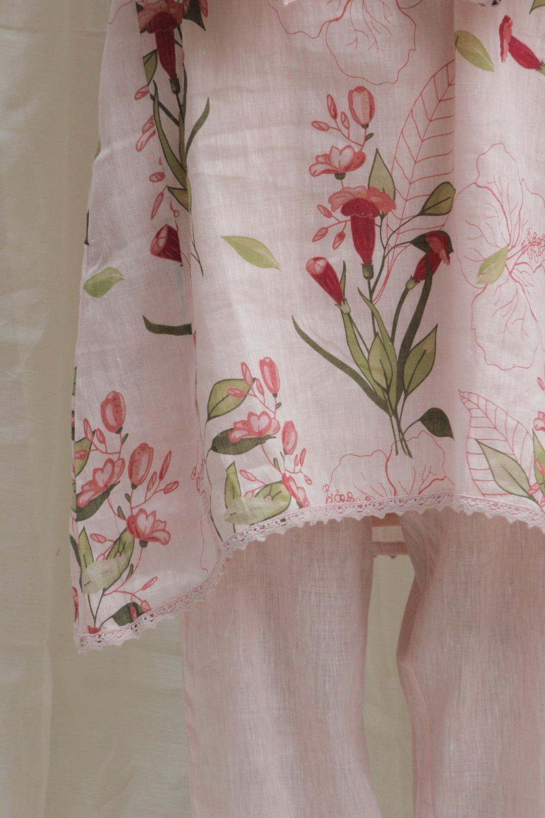 BABY PINK LINEN PRINTED TULIP SHORT TUNIC