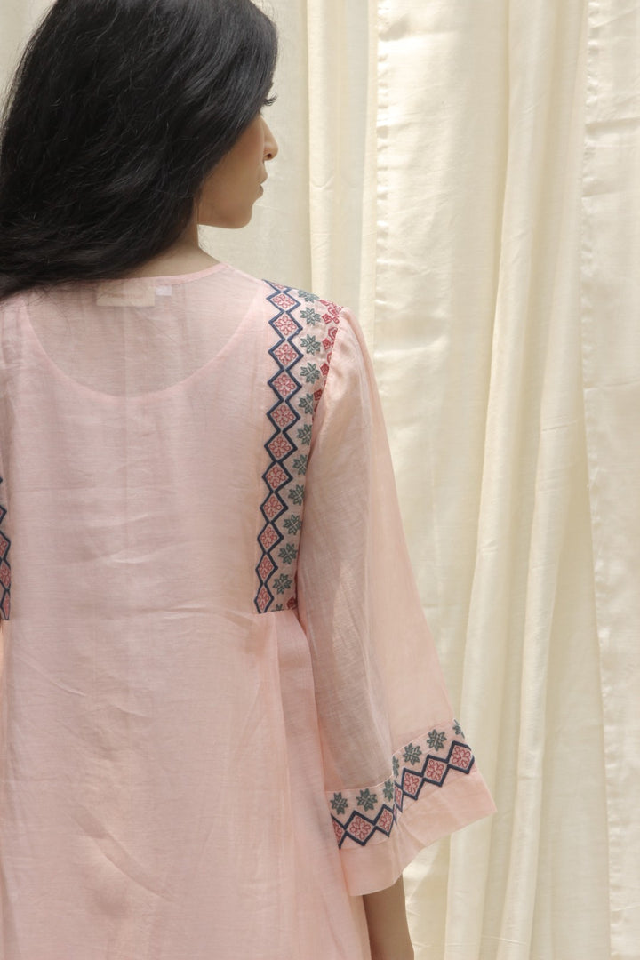 BABY PINK CHANDERI AZTEC EMBROIDERED SIDE PLEAT DRESS WITH EMBROIDERED KURTA AND PANTS SET OF 3