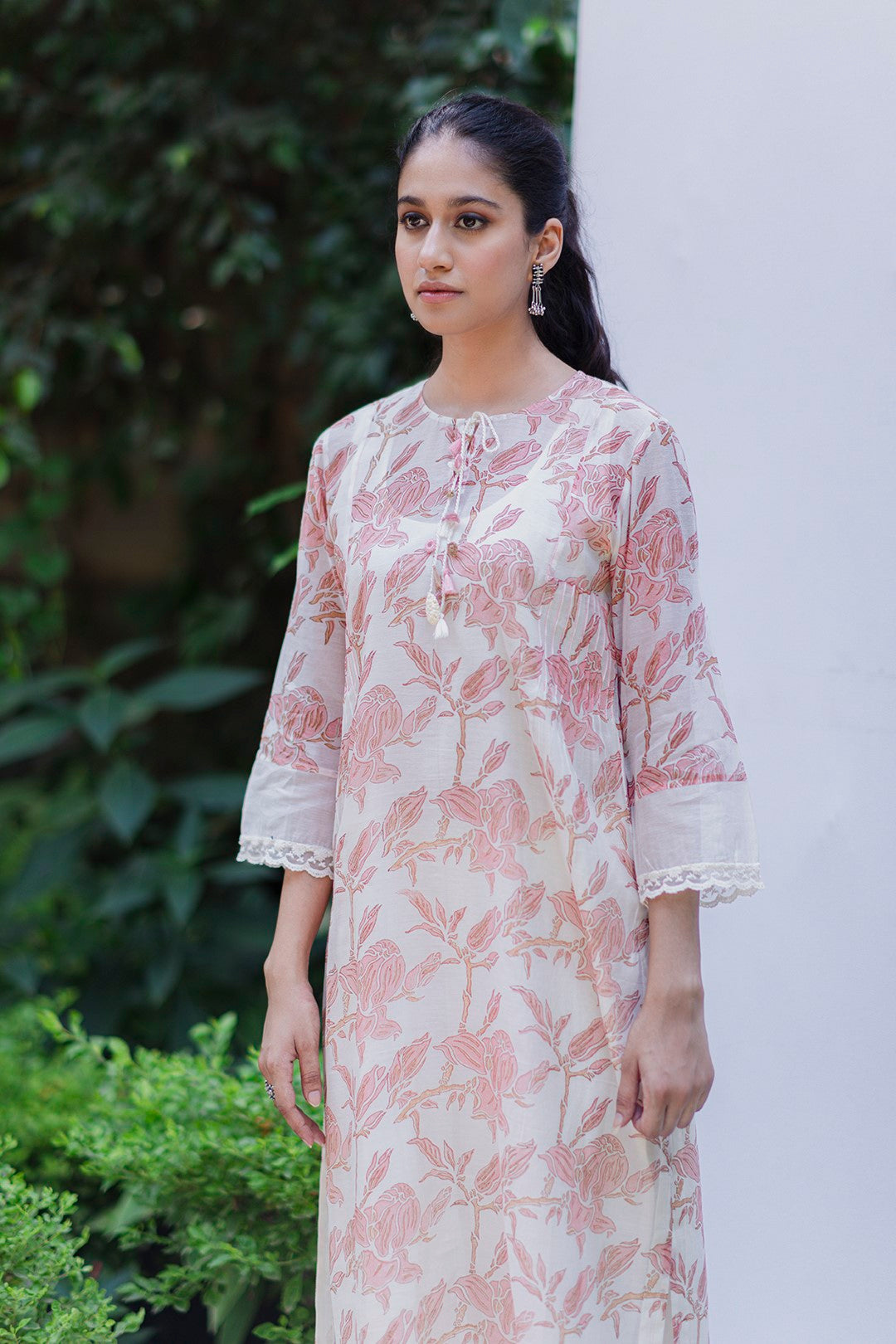 IVORY CHANDERI BLOCK PRINTED FLORAL PINK MAGNOLIA KURTA