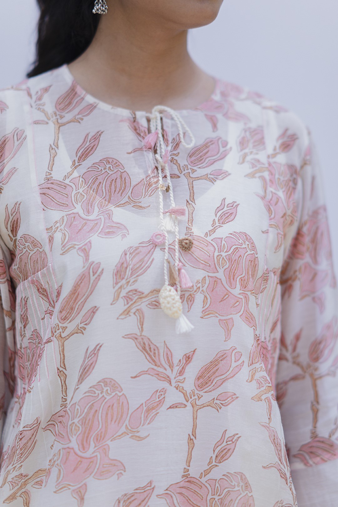 IVORY CHANDERI BLOCK PRINTED FLORAL PINK MAGNOLIA KURTA