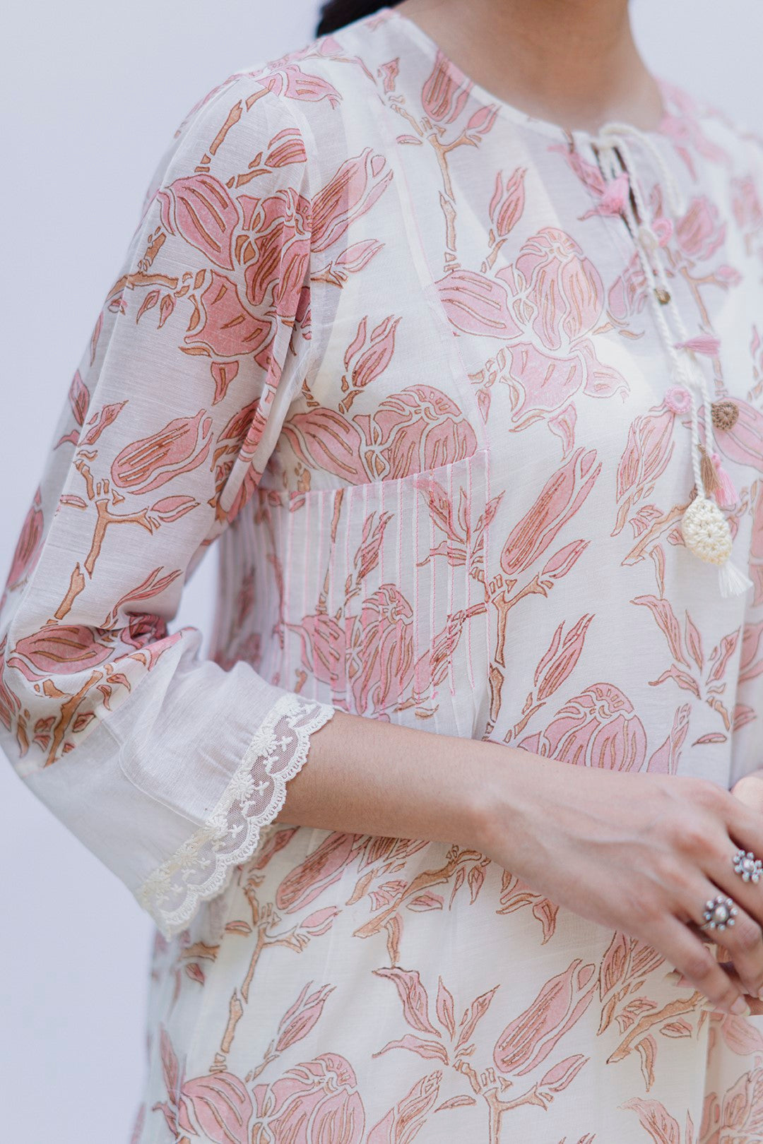 IVORY CHANDERI BLOCK PRINTED FLORAL PINK MAGNOLIA KURTA