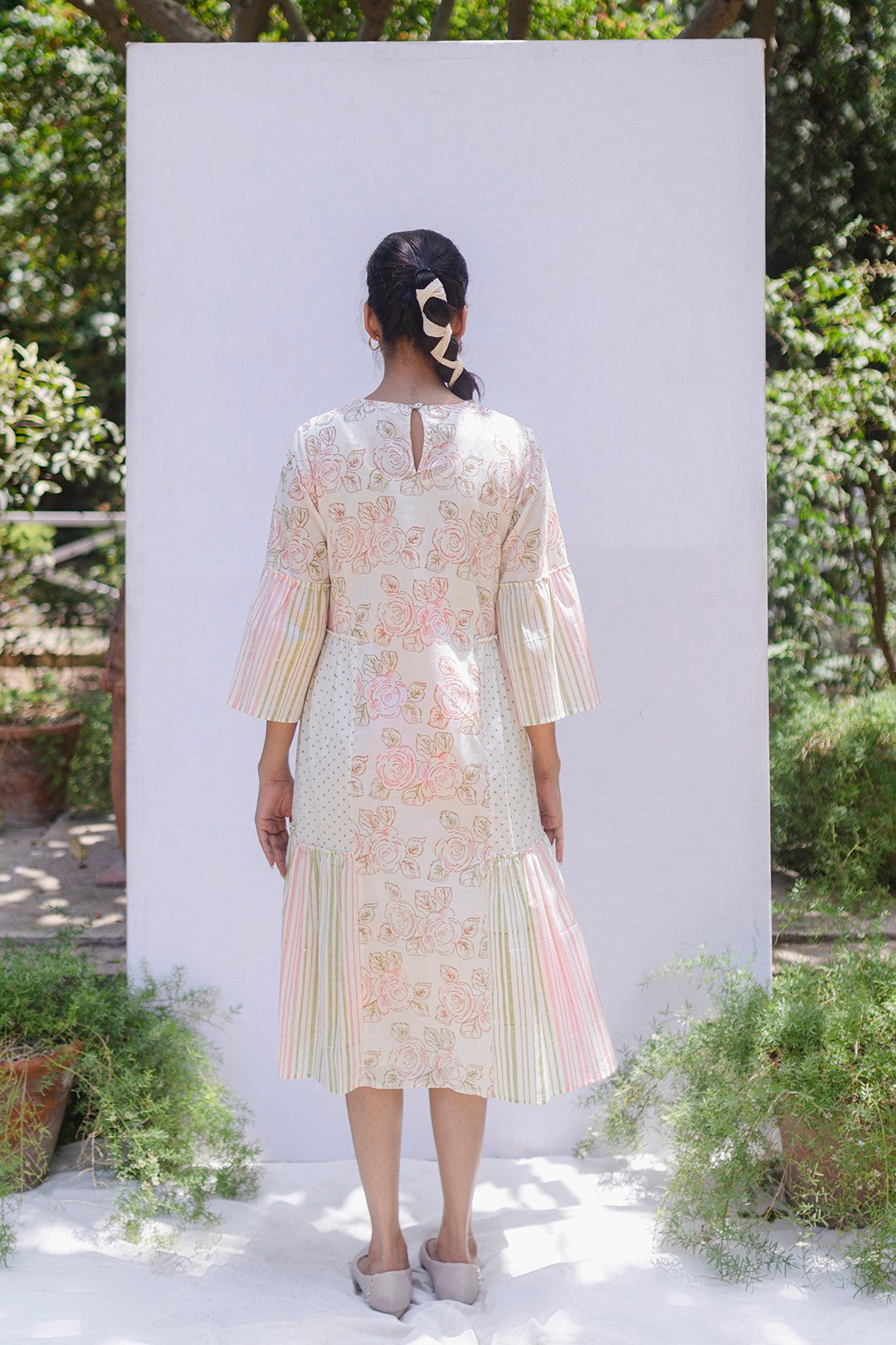 CREAM COTTON BLOCK PRINTED FLORAL FINE PINK ROSE JAAL WITH STRIPES AND POLKA SIDE TIER DRESS