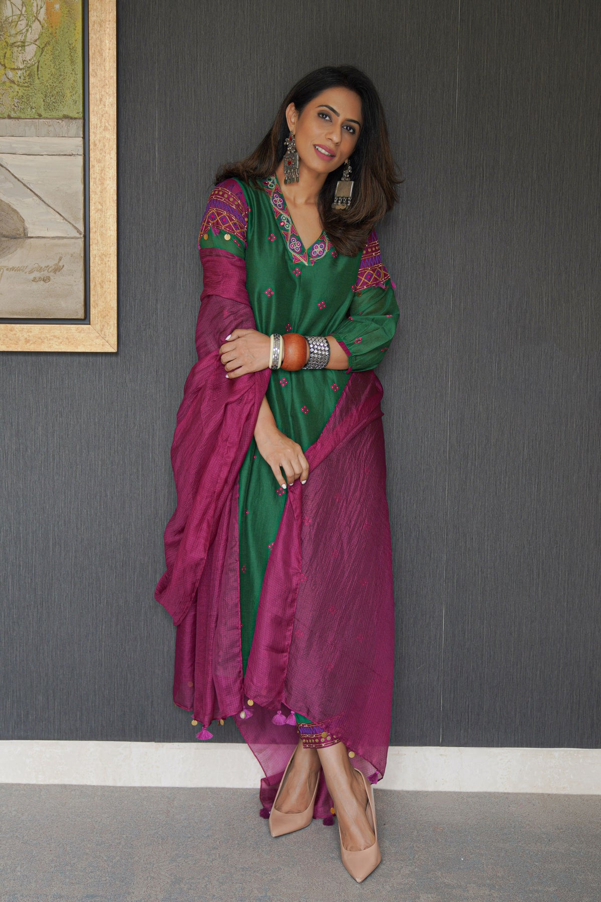 GREEN CHANDERI EMBROIDERED PRAKRITI KURTA WITH SALWAR AND DUPATTA