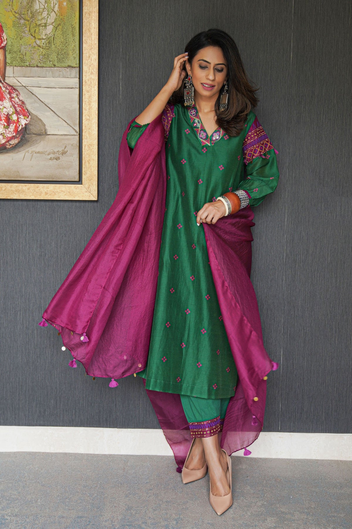 GREEN CHANDERI EMBROIDERED PRAKRITI KURTA WITH SALWAR AND DUPATTA