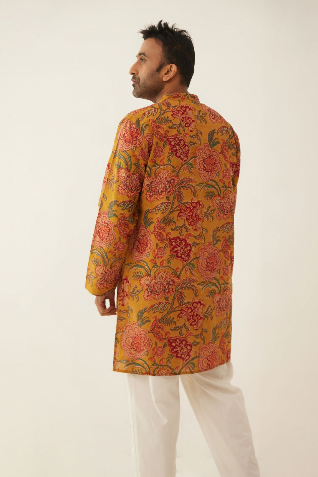 BURNT ORANGE FLORAL CHINTZ MEN SHORT KURTA WITH WHITE COTTON PANTS