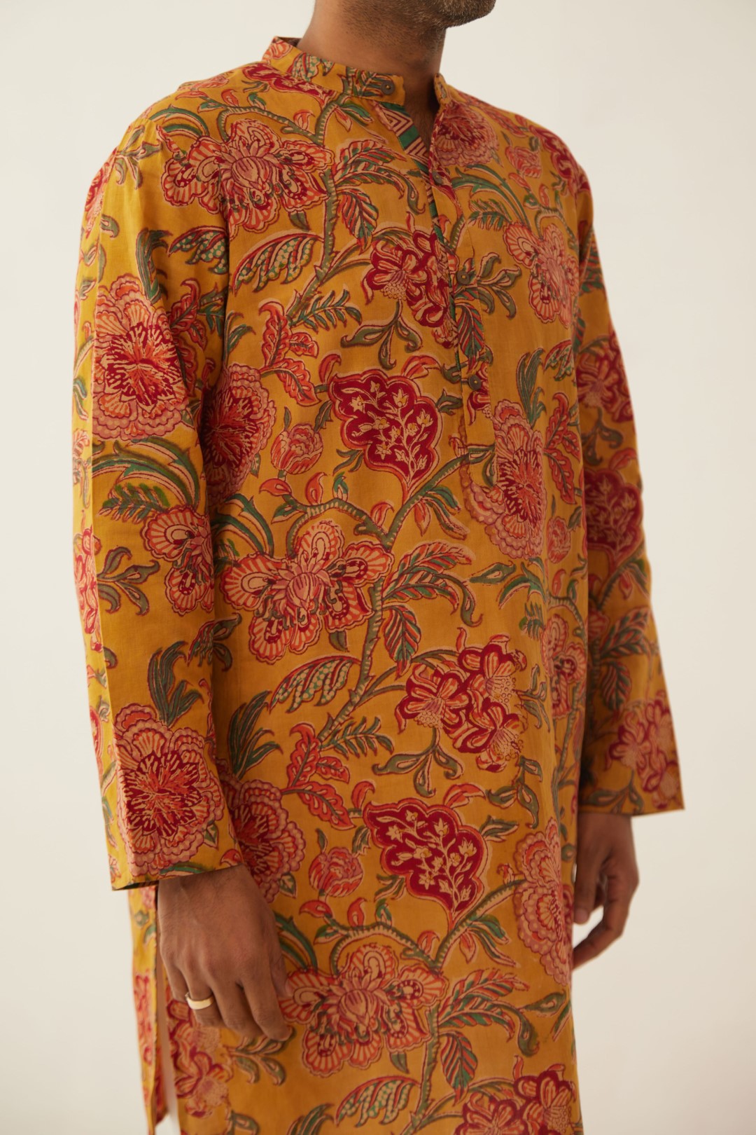 BURNT ORANGE FLORAL CHINTZ MEN SHORT KURTA WITH WHITE COTTON PANTS