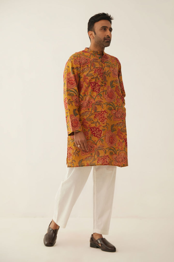 BURNT ORANGE FLORAL CHINTZ MEN SHORT KURTA WITH WHITE COTTON PANTS