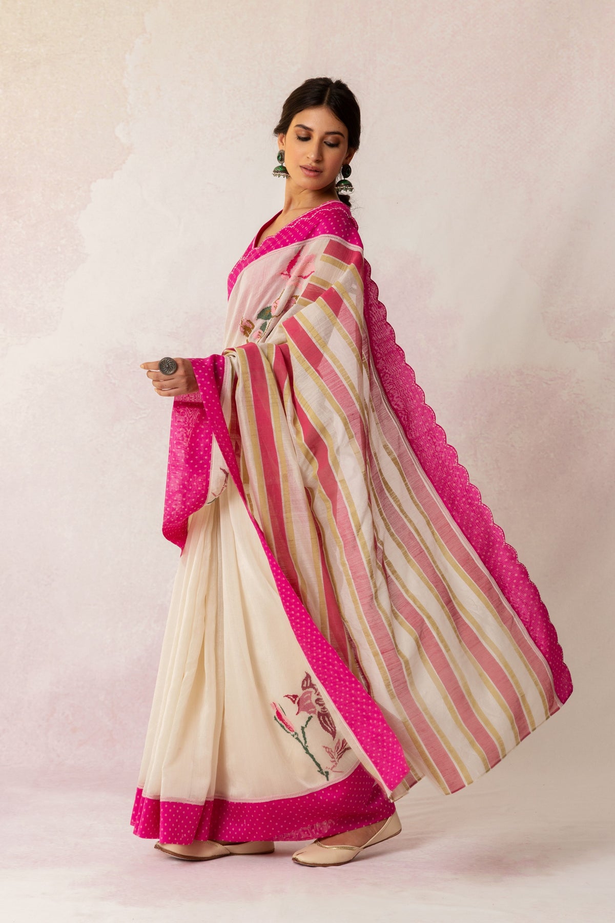 BAHAAR PINK POLKA FLORAL MIX SAREE AND BLOUSE WITH CROSS STITCH FLORAL EMBROIDERY