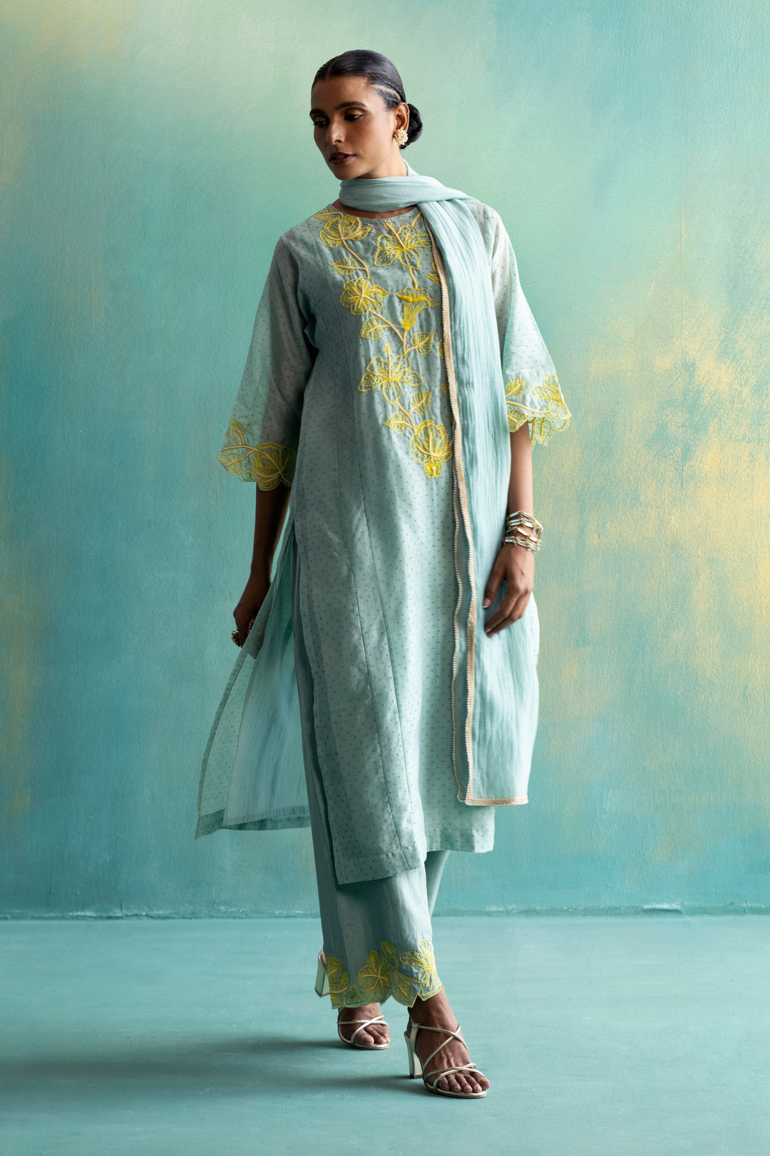 Dil-kash Sage Green Chanderi Kurta with Long Yoke Floral Embroidery On Polka