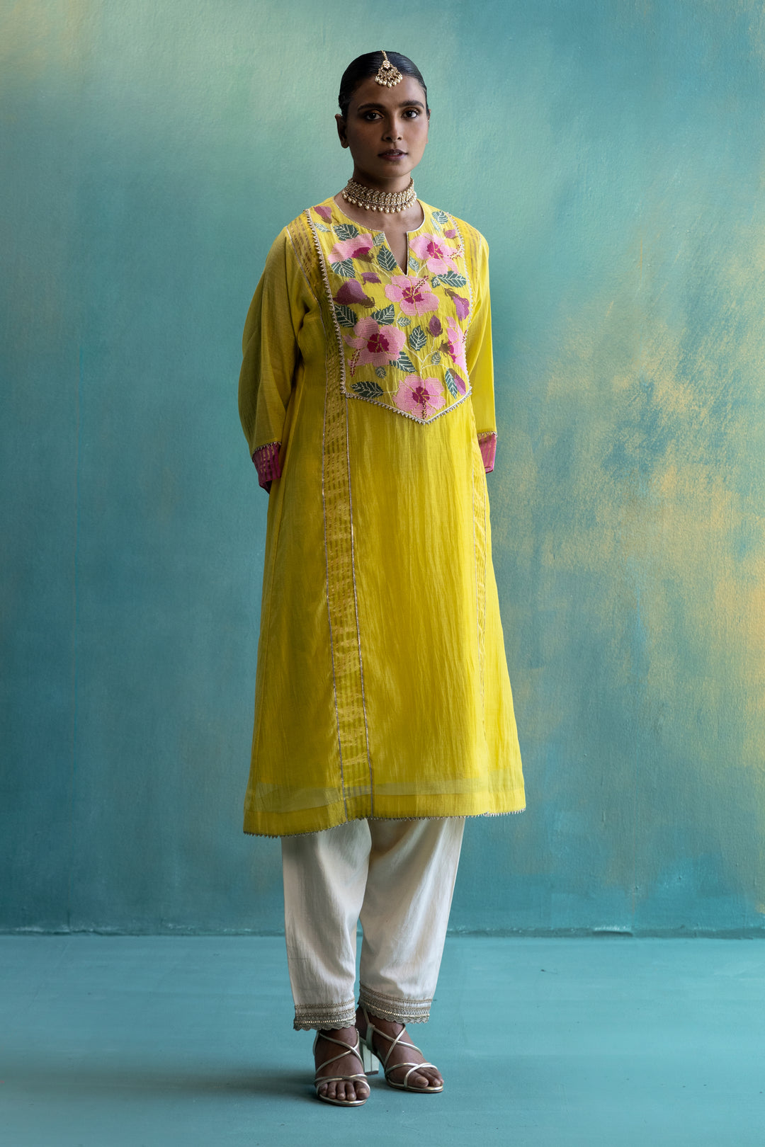 Dil-kash Yellow Chanderi with Floral yoke embroidery Choga set