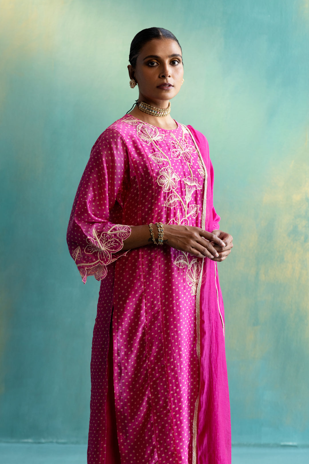 Dil-kash Pink Chanderi Kurta with Long Yoke Floral Embroidery On Polka