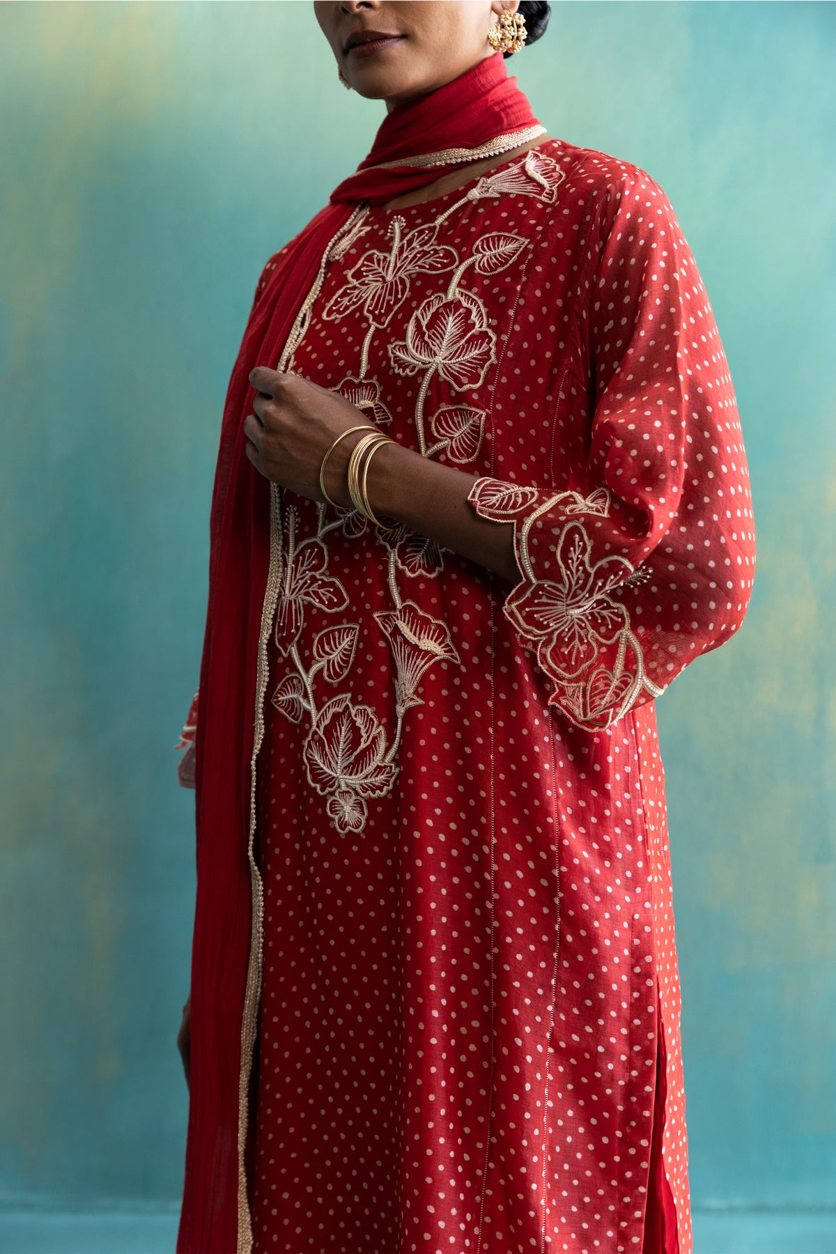 DIL-KASH RED CHANDERI KURTA WITH LONG YOKE FLORAL EMBROIDERY ON POLKA FULL SET OF 3