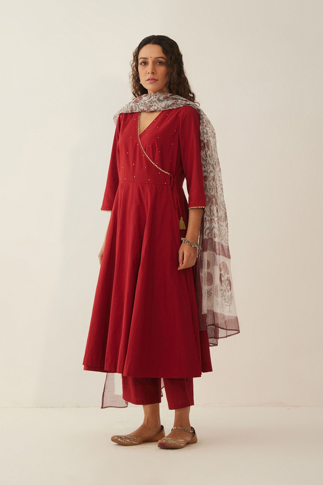 MAHROON ANGRAKHA WITH PANTS AND CHINTZ FLORAL DUPATTA