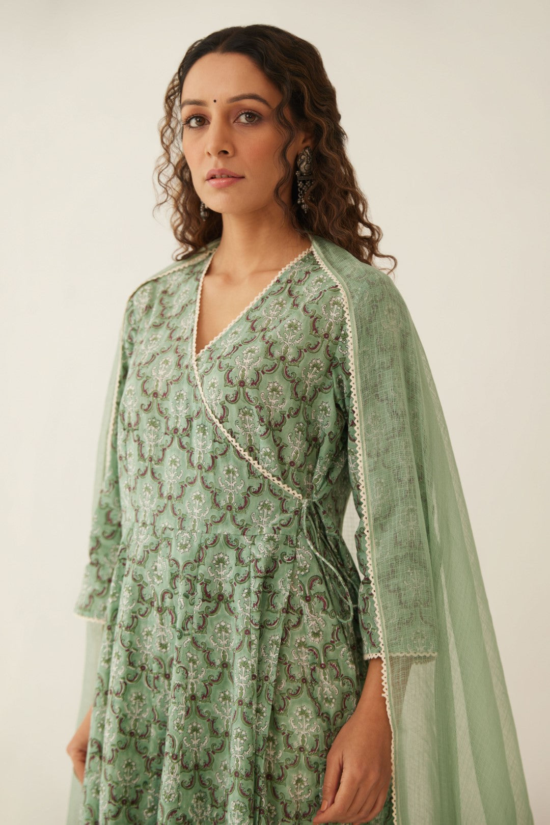 SAGE GREEN COTTON FLORAL ANGRAKHA WITH COTTON PANTS AND DUPATTA