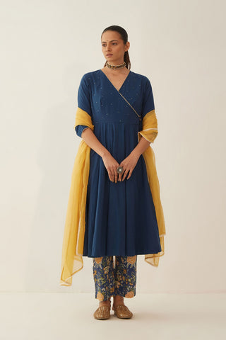 BLUE ANGRAKHA WITH FLORAL PANTS AND DUPATTA