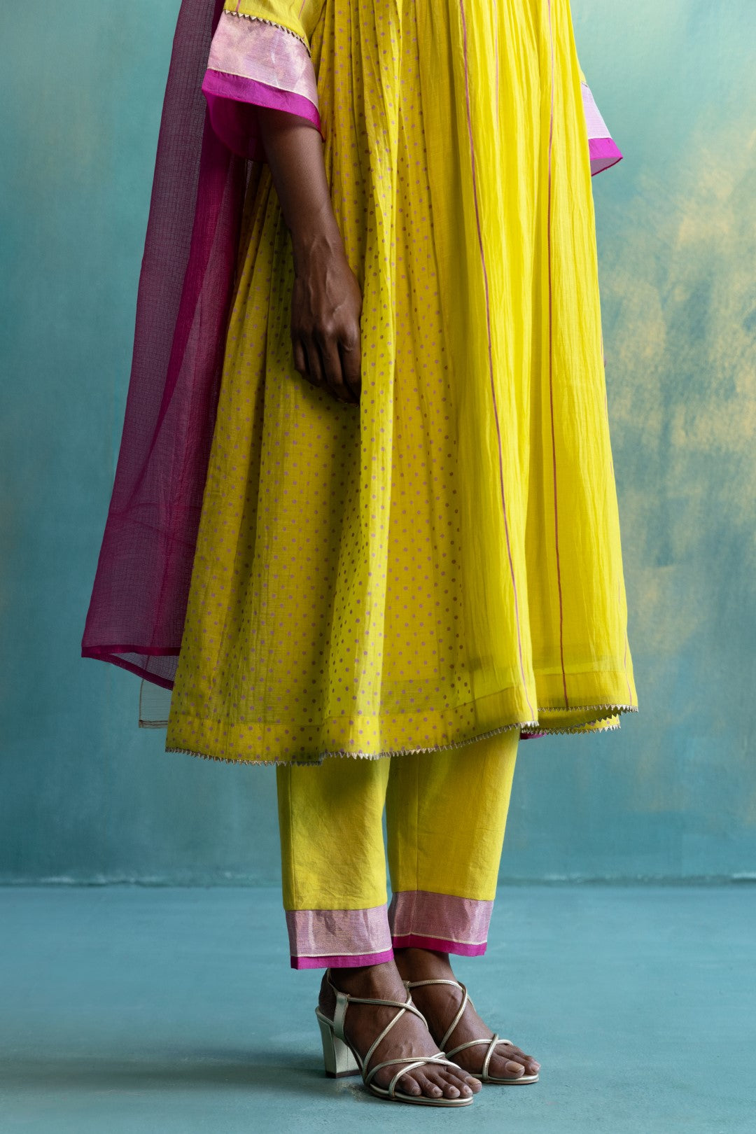 DIL-KASH YELLOW COTTON PANTS WITH TISSUE ORGANZA