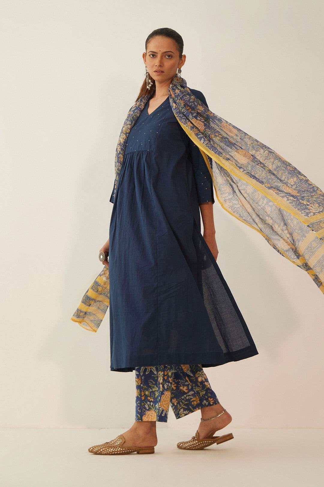 BLUE COTTON KURTA WITH FLORAL PANTS AND DUPATTA