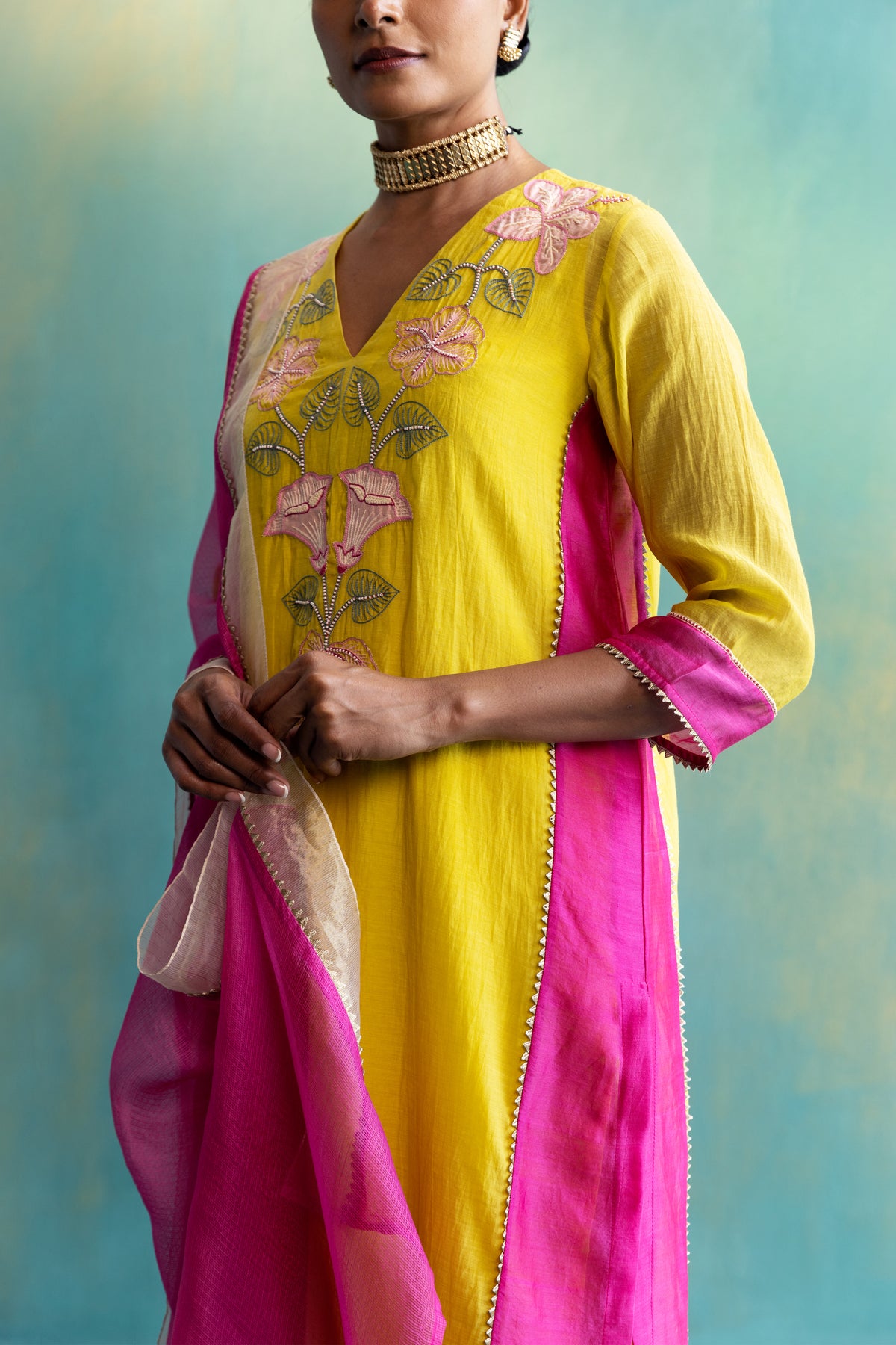 DIL-KASH YELLOW AND PINK COLOUR BLOCK CHANDERI V-NECK FLORAL EMBROIDERY KURTA SET OF 3