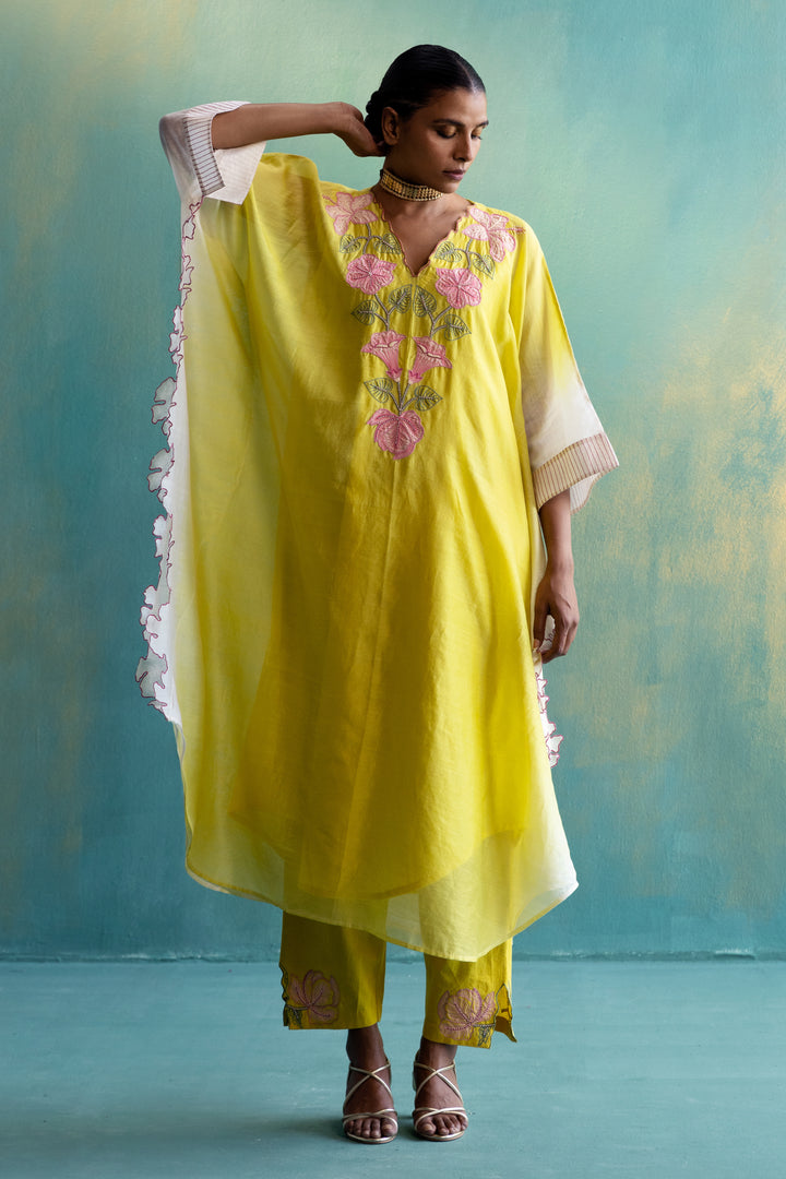 DIL-KASH DIP DYE YELLOW AND OFF-WHITE CHANDERI  V-NECK EMBROIDERY KAFTAAN