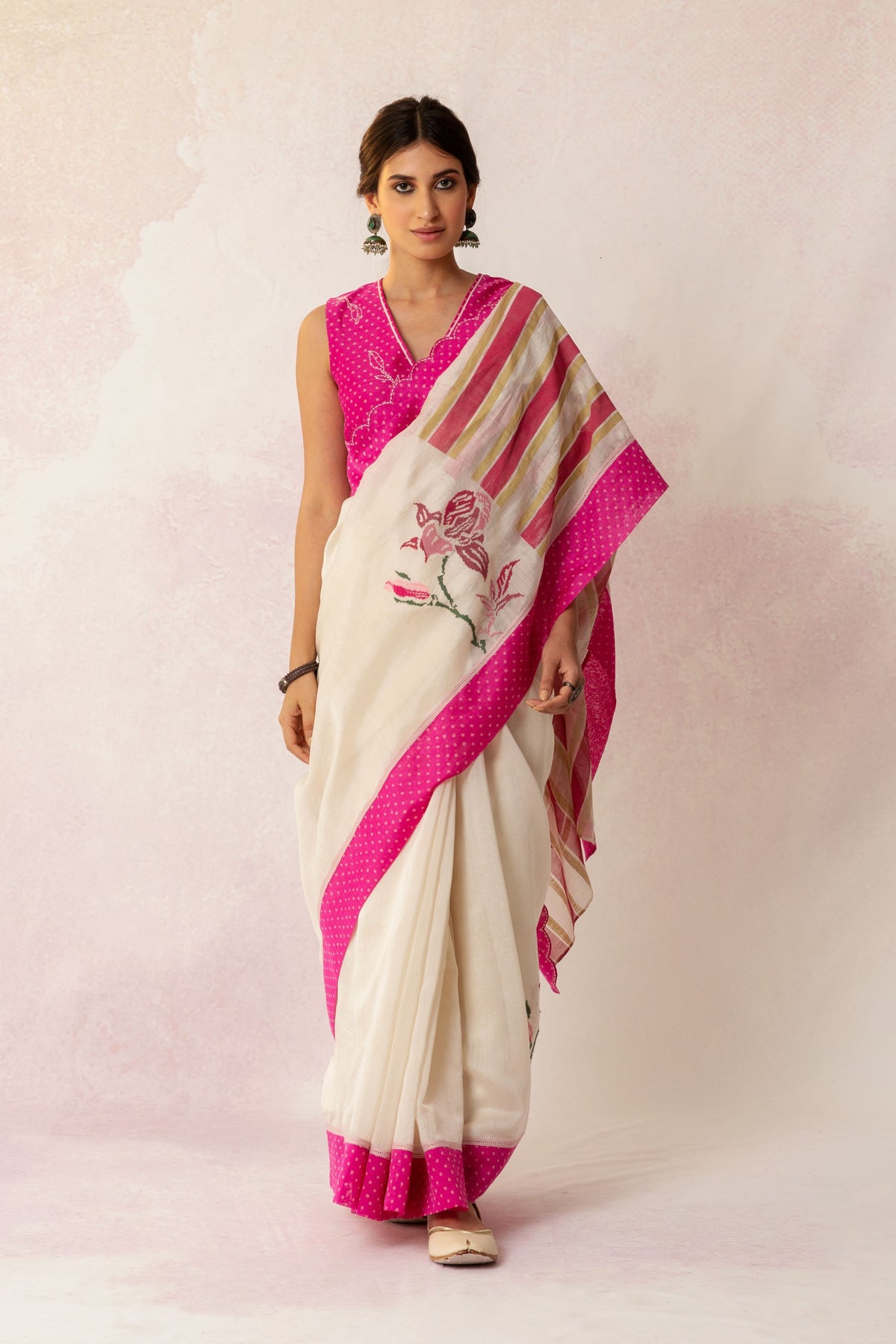 BAHAAR PINK POLKA FLORAL MIX SAREE AND BLOUSE WITH CROSS STITCH FLORAL EMBROIDERY