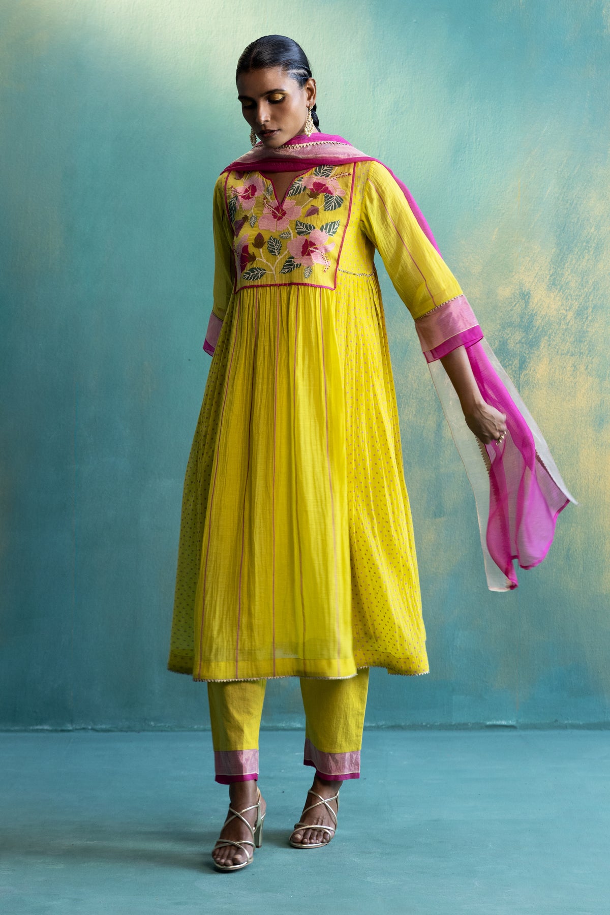 DIL-KASH YELLOW CHANDERI FRONT AND BACK FLORAL EMBROIDERY WITH SIDE PLEATS AND POLKAS CHANDERI KURTA