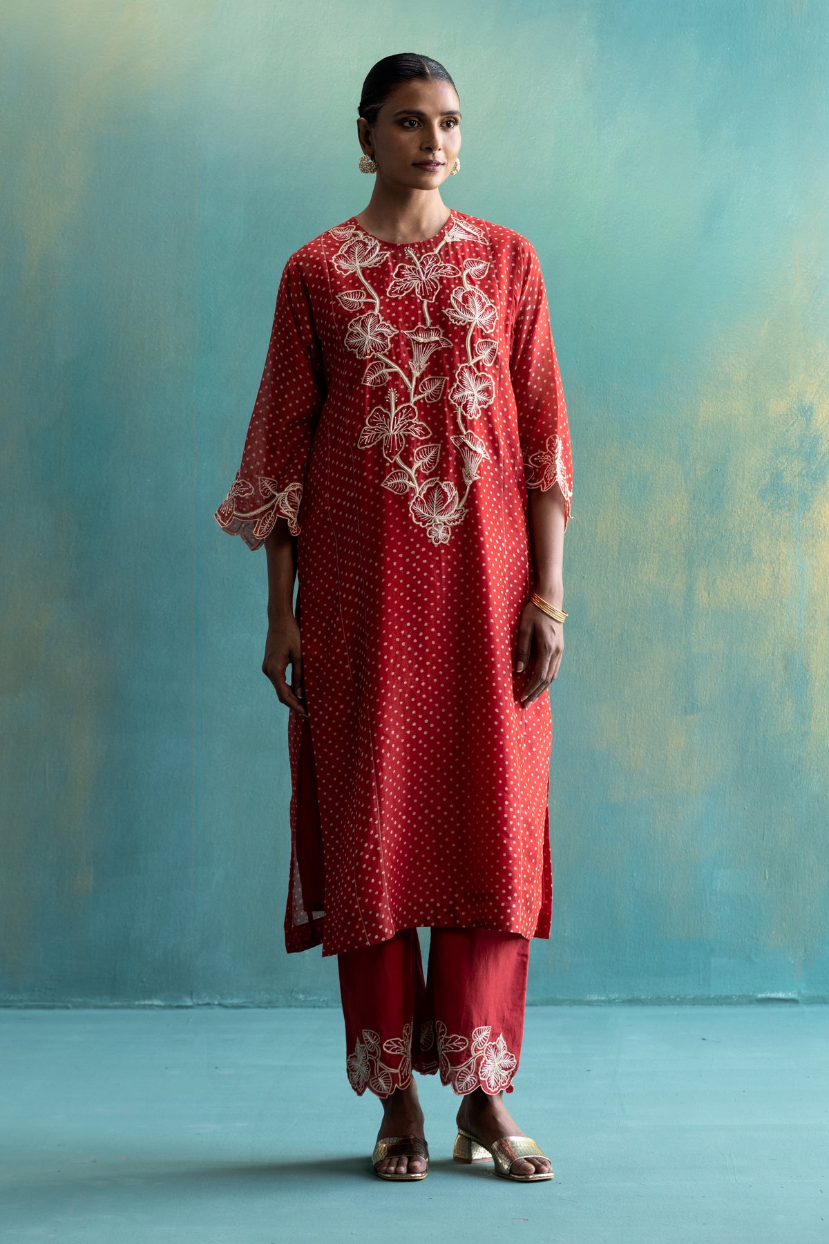 DIL-KASH RED CHANDERI KURTA WITH LONG YOKE FLORAL EMBROIDERY ON POLKA