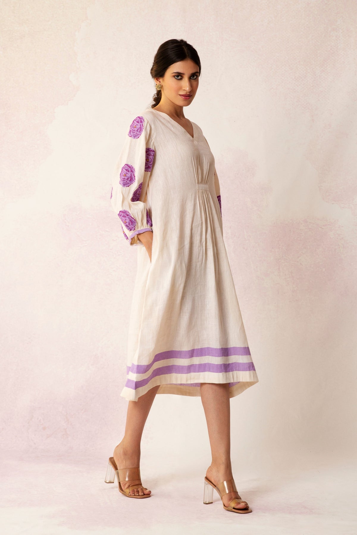 BAHAAR LILAC ROSE SLEEVES LINEN DRESS