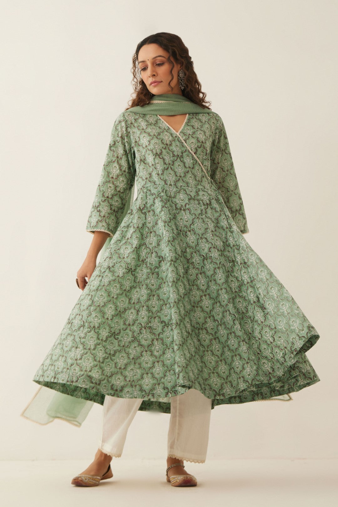 SAGE GREEN COTTON FLORAL ANGRAKHA WITH COTTON PANTS AND DUPATTA