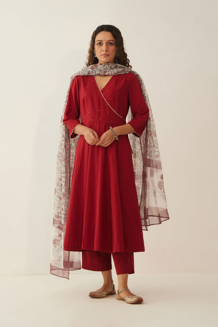 MAHROON ANGRAKHA WITH PANTS AND CHINTZ FLORAL DUPATTA