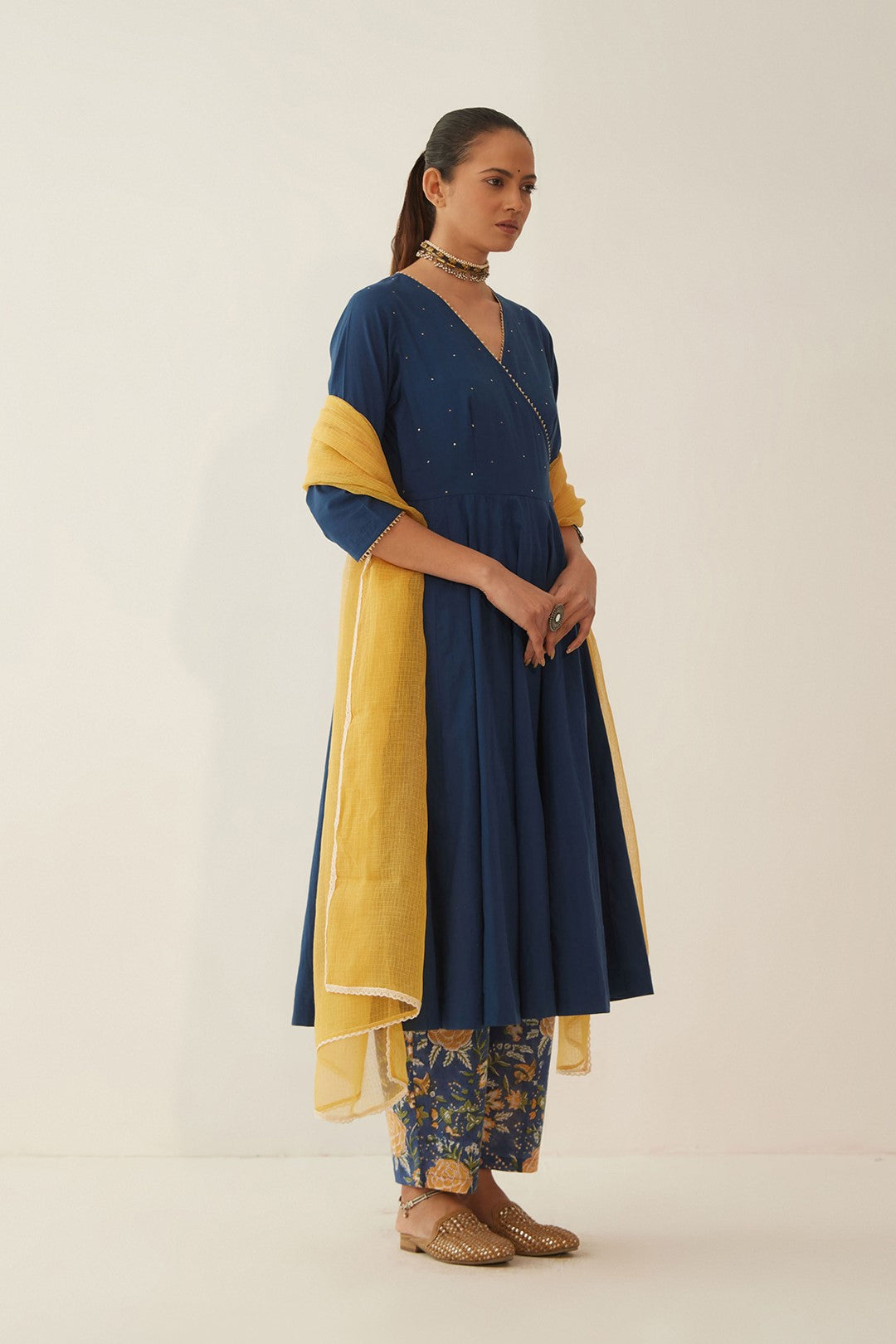 BLUE ANGRAKHA WITH FLORAL PANTS AND DUPATTA