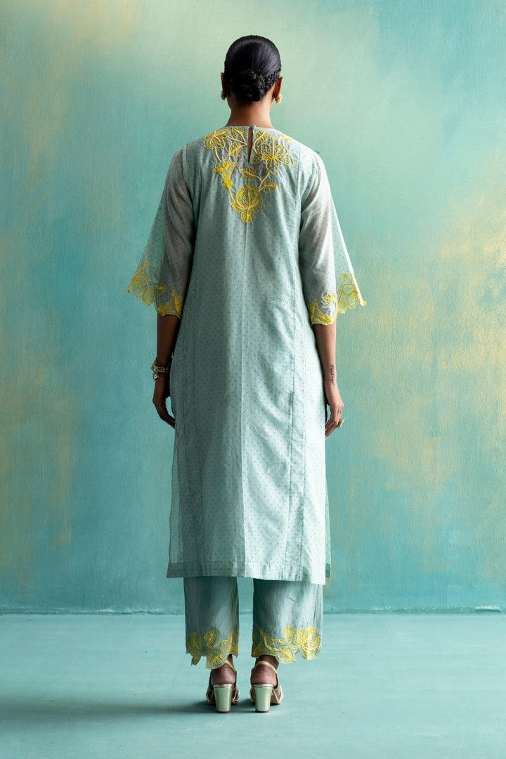 DIL-KASH SAGE GREEN CHANDERI KURTA WITH LONG YOKE FLORAL EMBROIDERY ON POLKA FULL SET OF 3