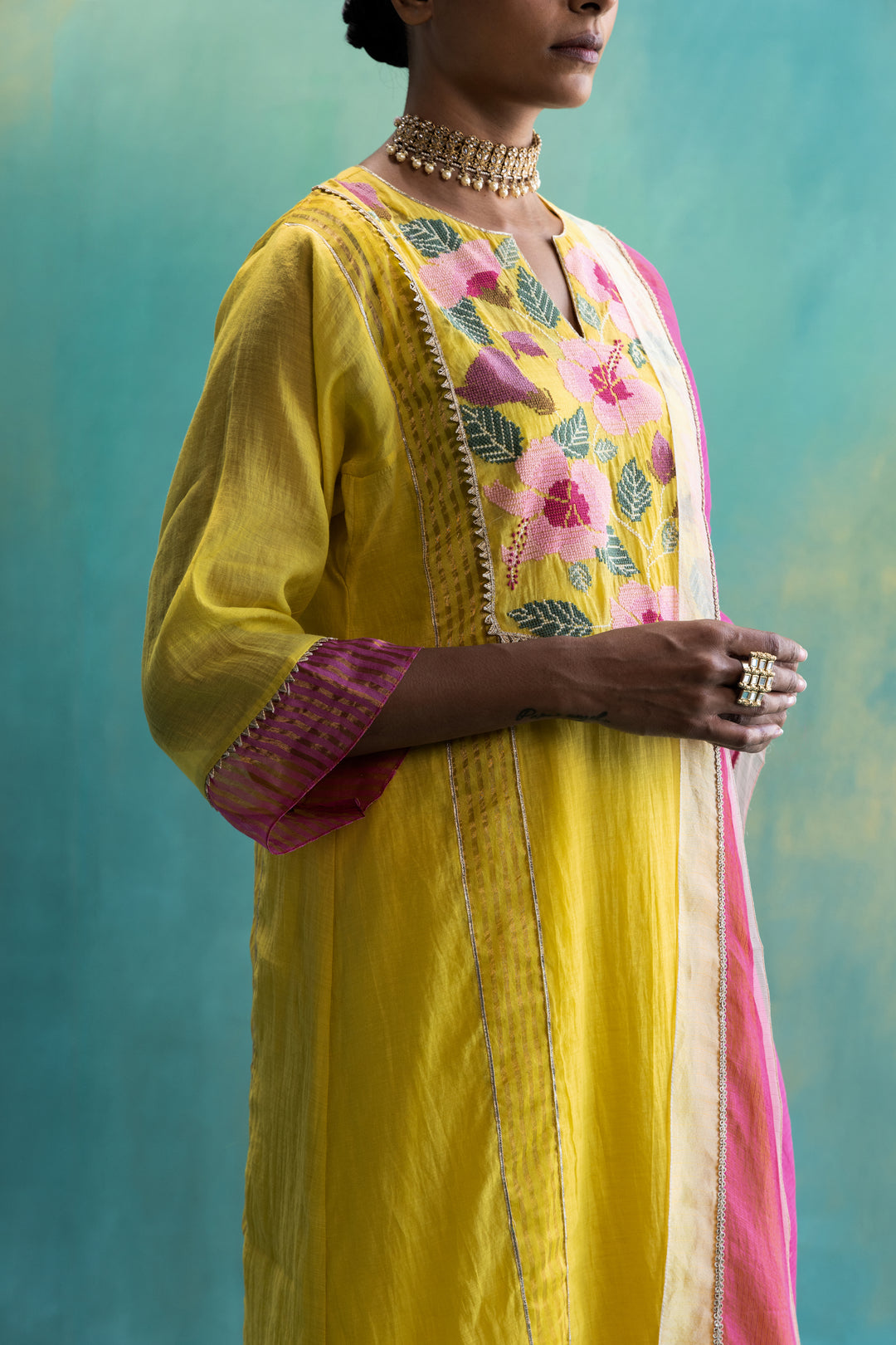 Dil-kash Yellow Chanderi with Floral yoke embroidery Choga set