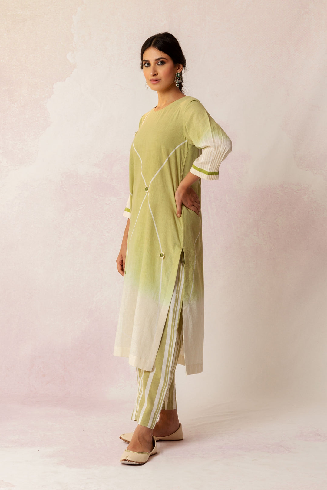 BAHAAR OLIVE GREEN KHADI COTTON OMBRE GRID KURTA WITH STRIPE PANTS