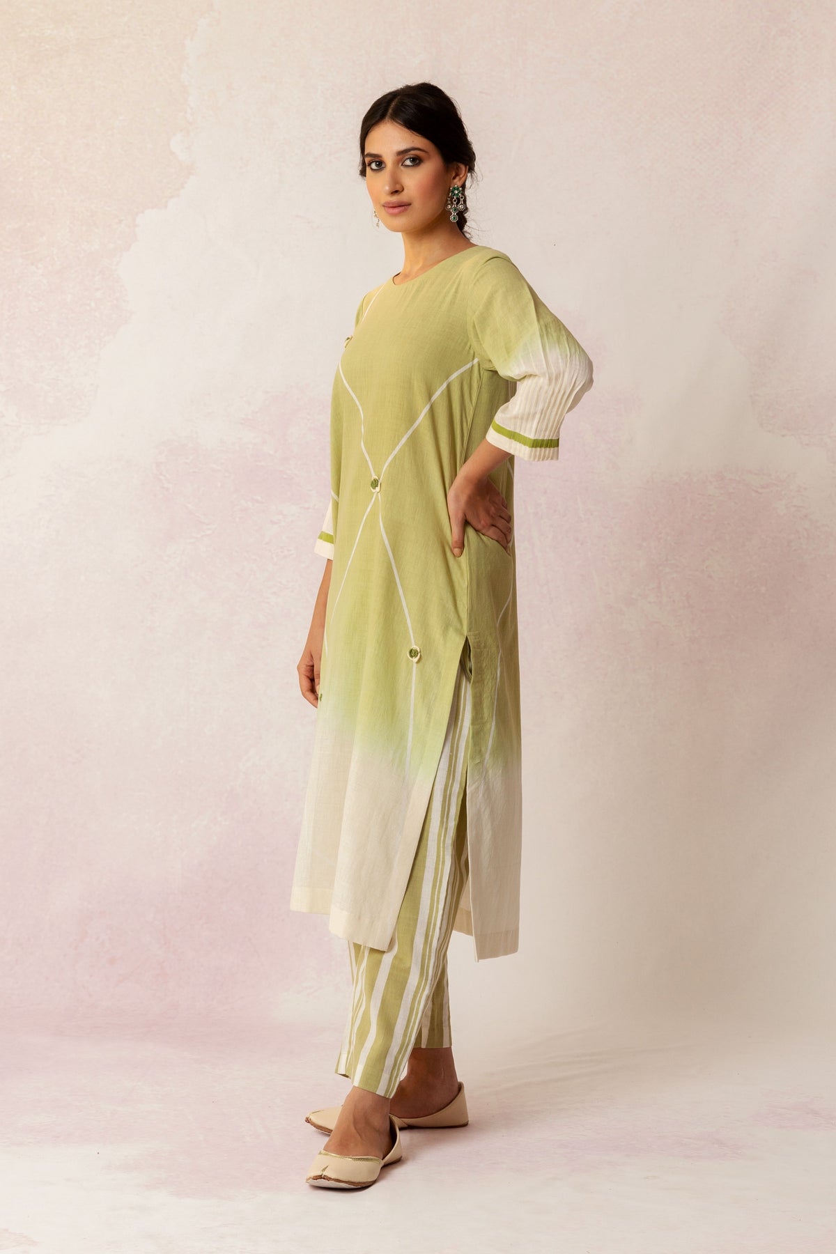 BAHAAR OLIVE GREEN KHADI COTTON OMBRE GRID KURTA