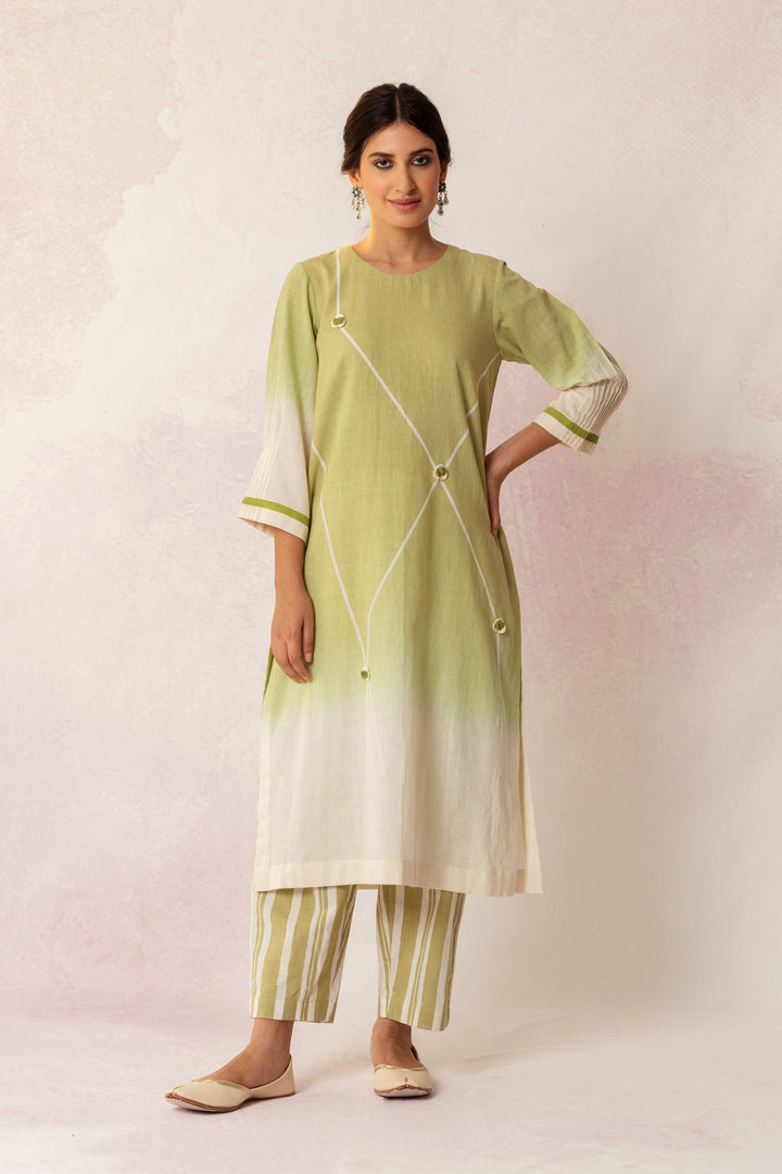 BAHAAR OLIVE GREEN KHADI COTTON OMBRE GRID KURTA WITH STRIPE PANTS