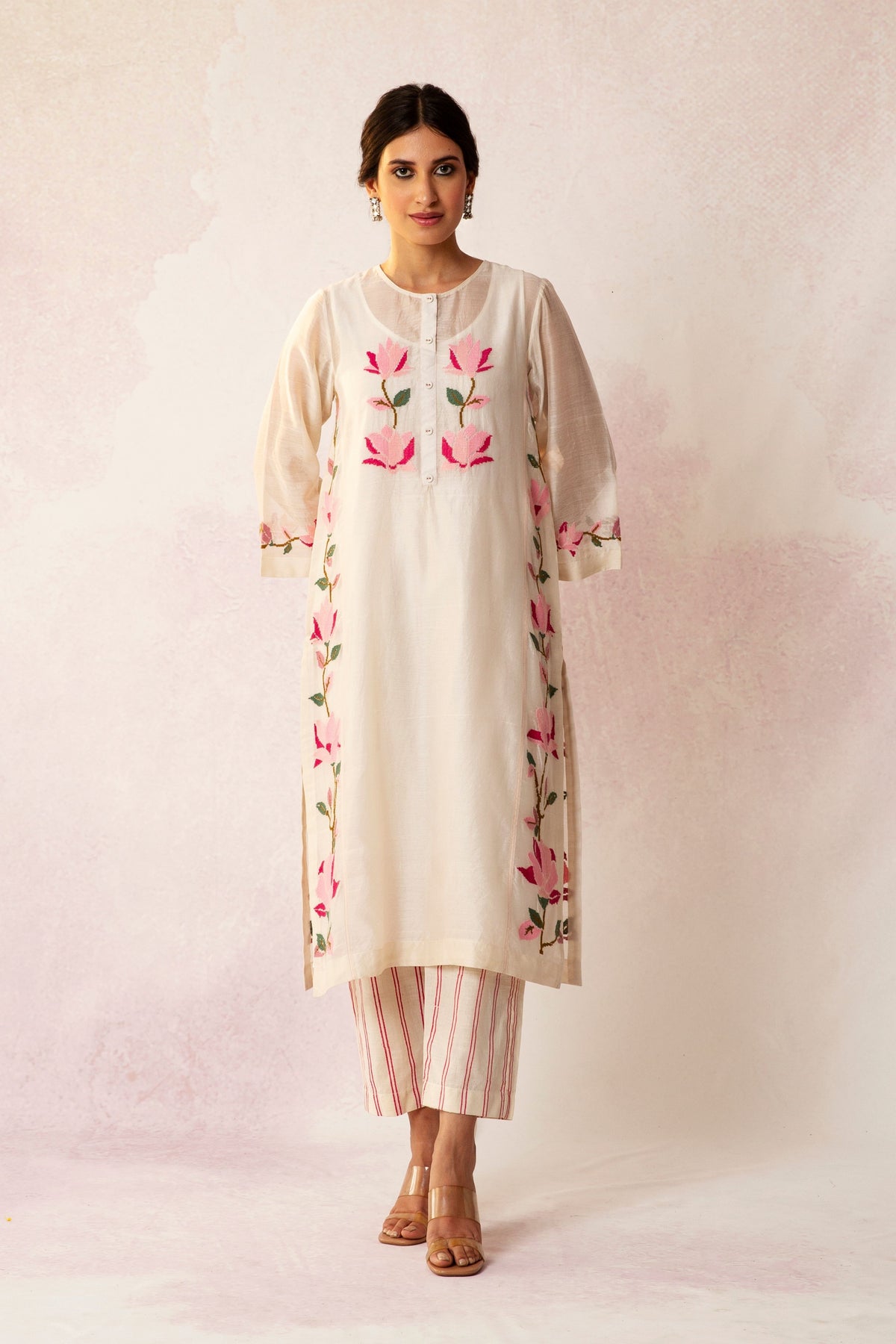 BAHAAR IVORY FLORAL KALI KURTA SET