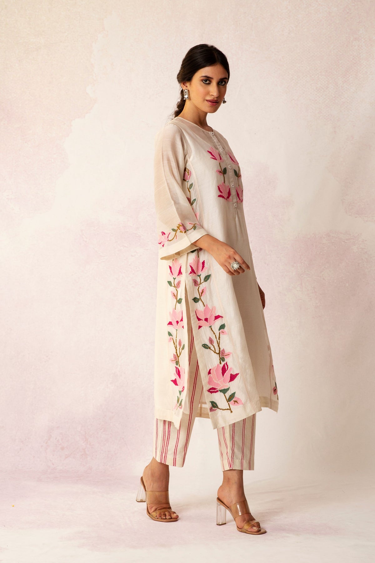 BAHAAR IVORY FLORAL KALI KURTA SET