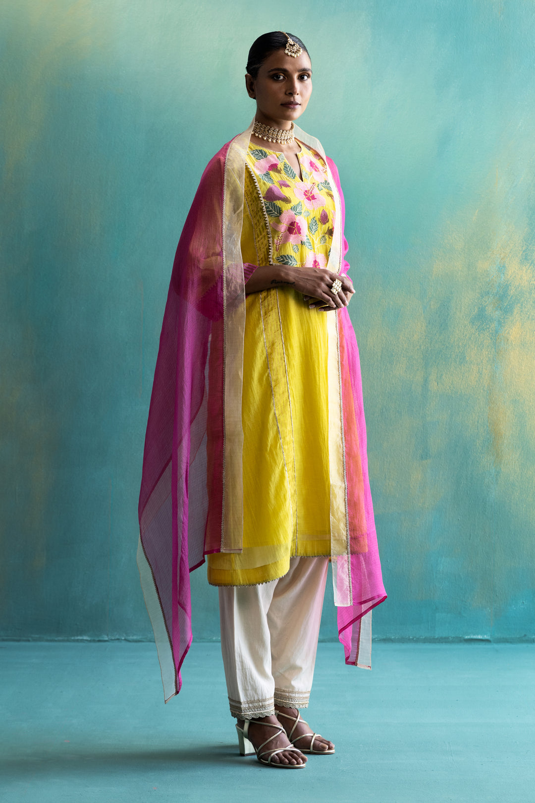 Dil-kash Yellow Chanderi with Floral yoke embroidery Choga set