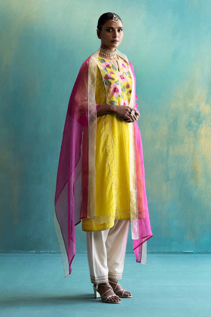 Dil-kash Yellow Chanderi with Floral yoke embroidery Choga set