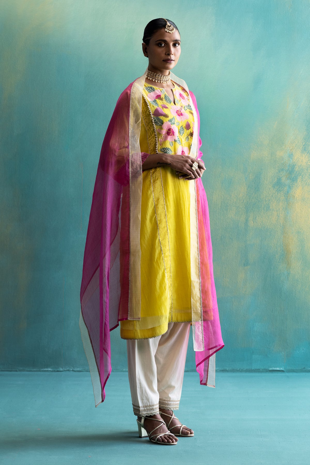 DIL-KASH YELLOW CHANDERI WITH  FLORAL YOKE EMBROIDERY CHOGA SET OF 3
