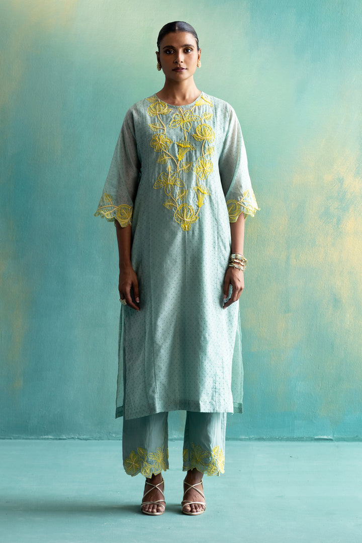Dil-kash Sage Green Chanderi Kurta with Long Yoke Floral Embroidery On Polka