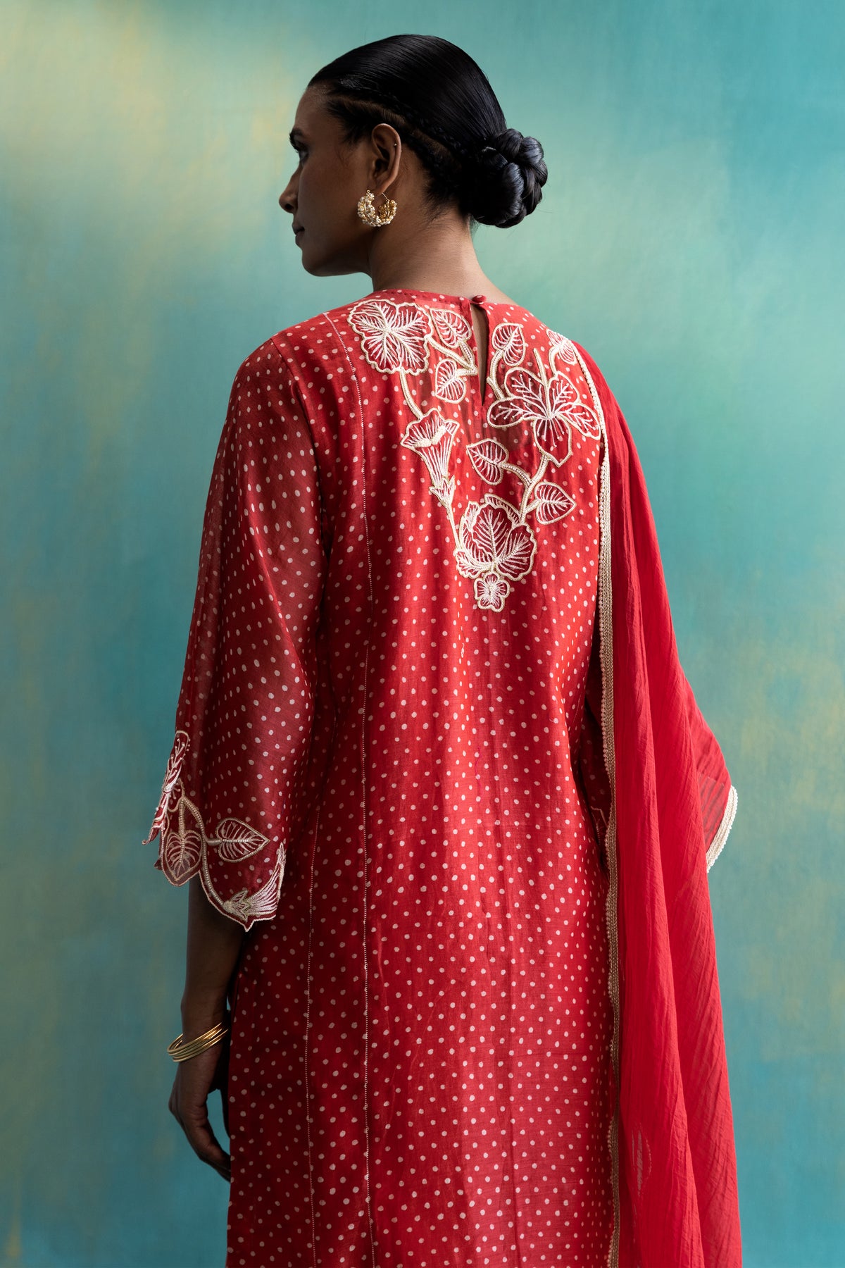DIL-KASH RED CHANDERI KURTA WITH LONG YOKE FLORAL EMBROIDERY ON POLKA
