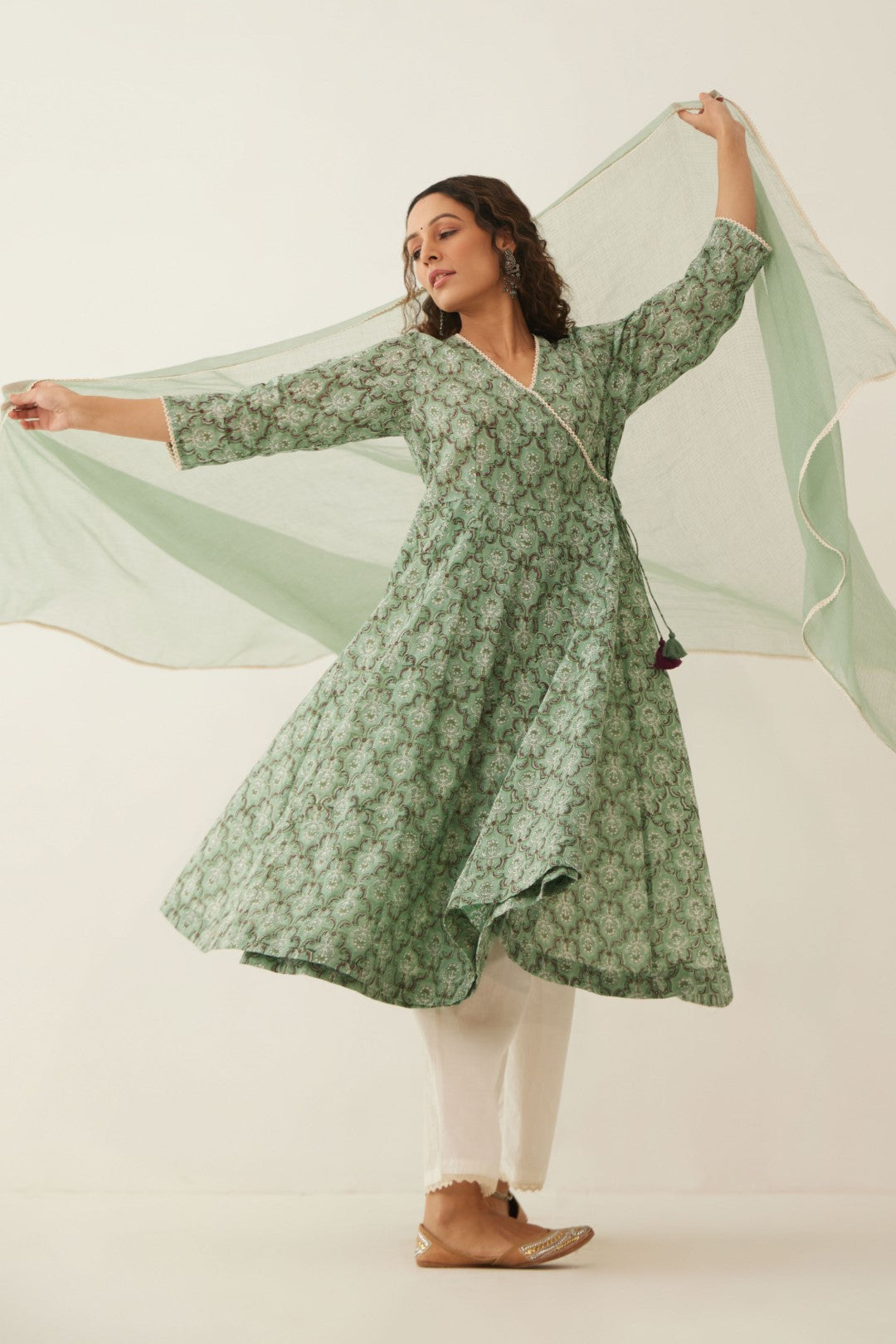 SAGE GREEN COTTON FLORAL ANGRAKHA WITH COTTON PANTS AND DUPATTA