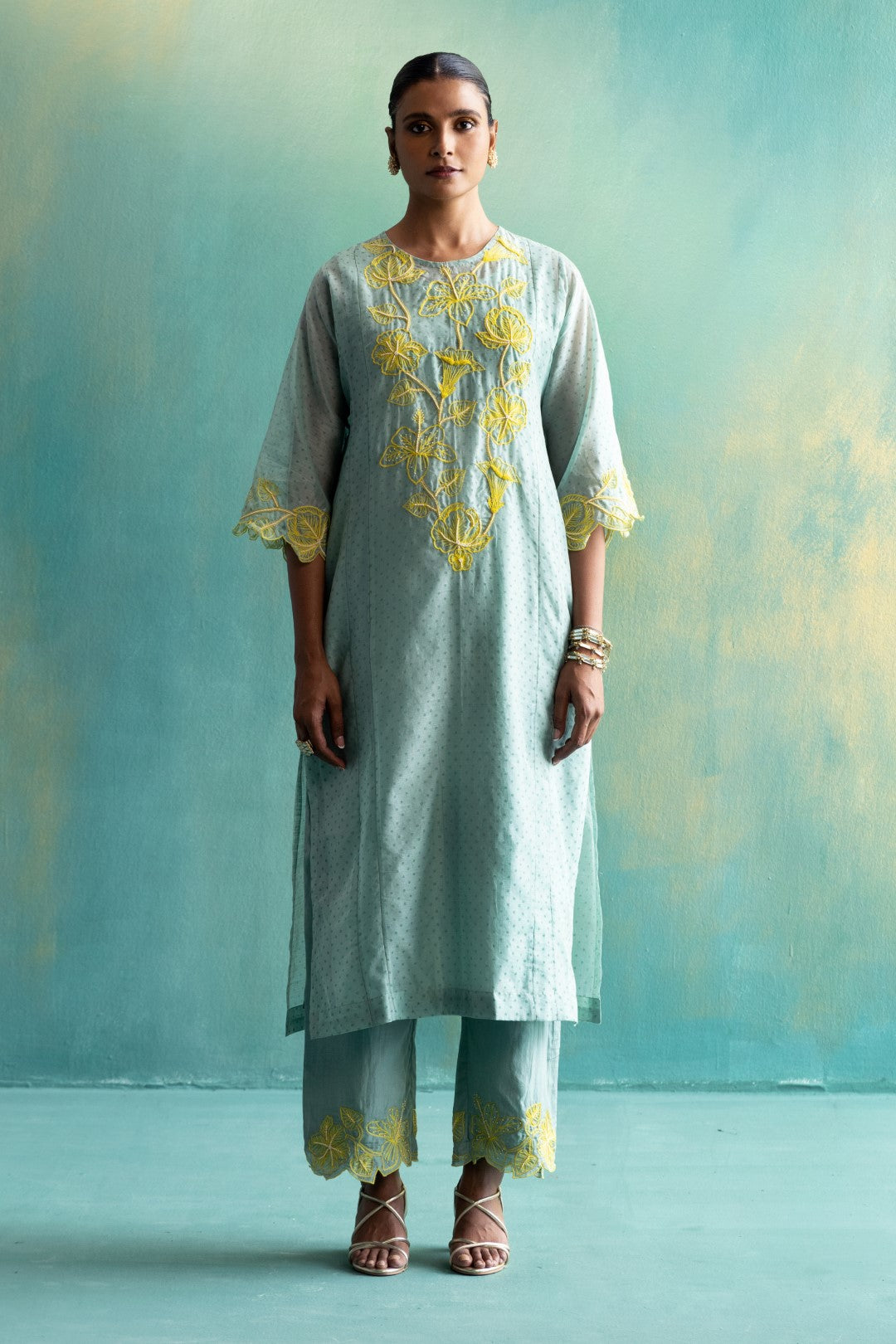 DIL-KASH SAGE GREEN COTTON SILK CUTWORK EMBROIDERED PANTS