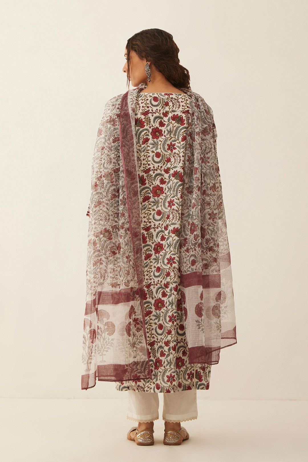 IVORY COTTON CHINTZ FLORAL KURTA WITH COTTON PANTS AND FLORAL DUPATTA