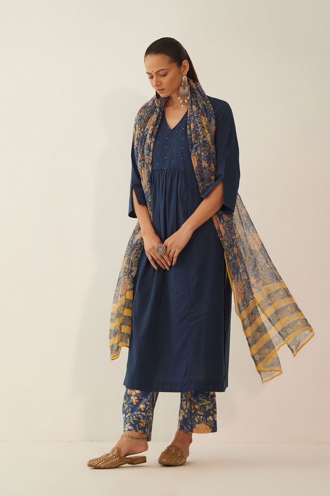 BLUE COTTON KURTA WITH FLORAL PANTS AND DUPATTA