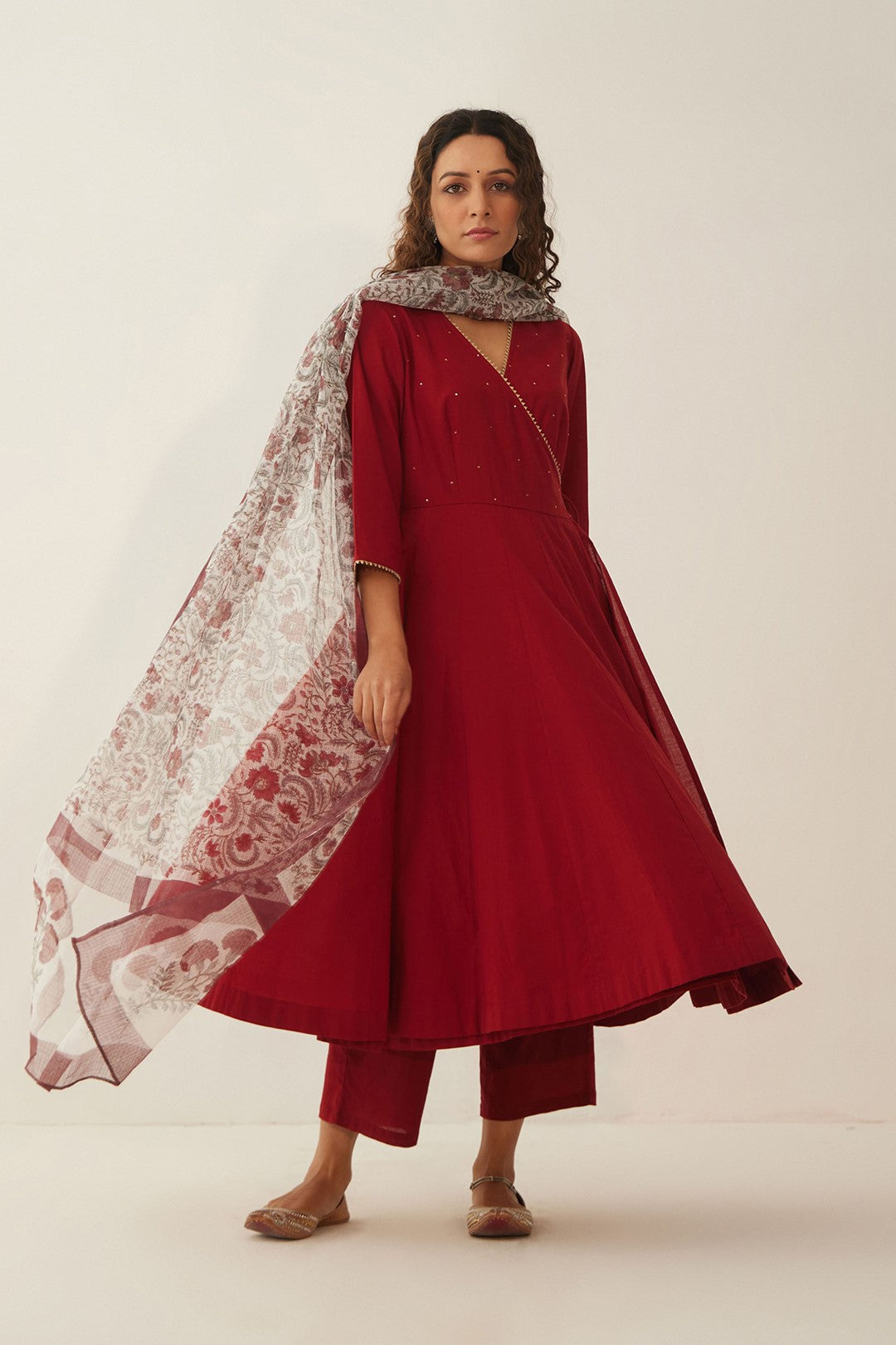 MAHROON ANGRAKHA WITH PANTS AND CHINTZ FLORAL DUPATTA